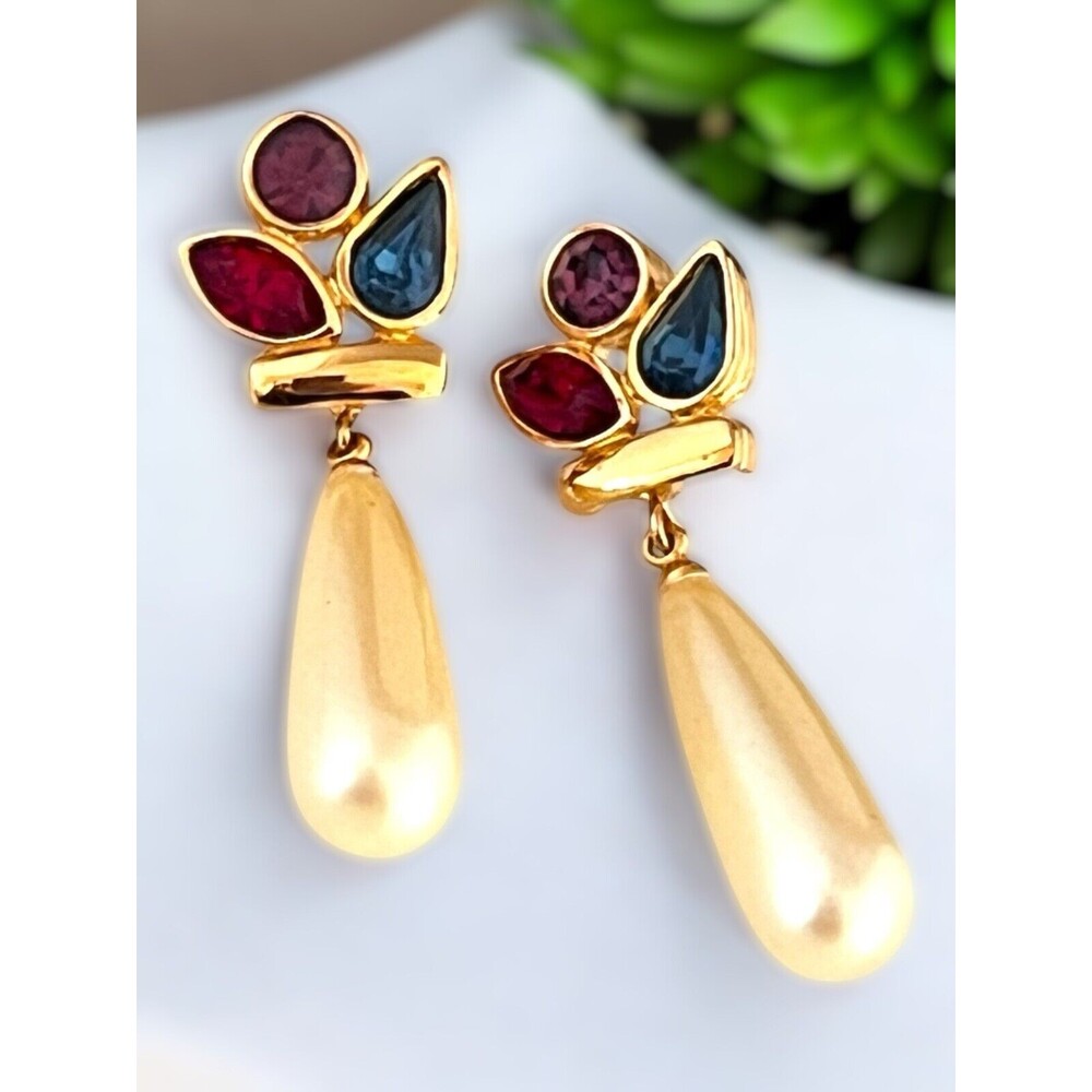 Vintage Givenchy Earrings Jewel Toned Crystals Pearls Gold Tone Pierced 7N